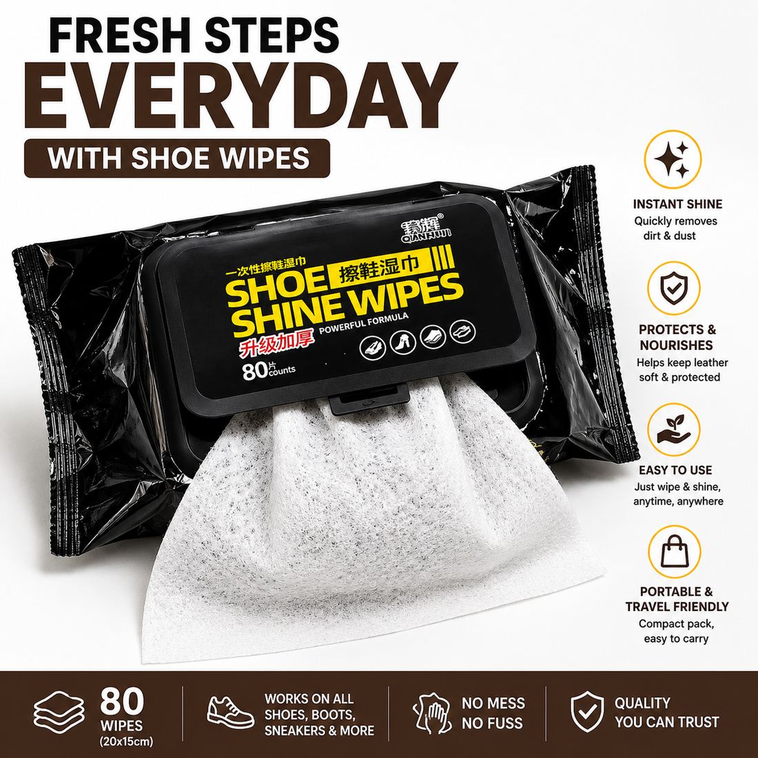 Shoe Wipes | 80 Pcs Instant Cleaner