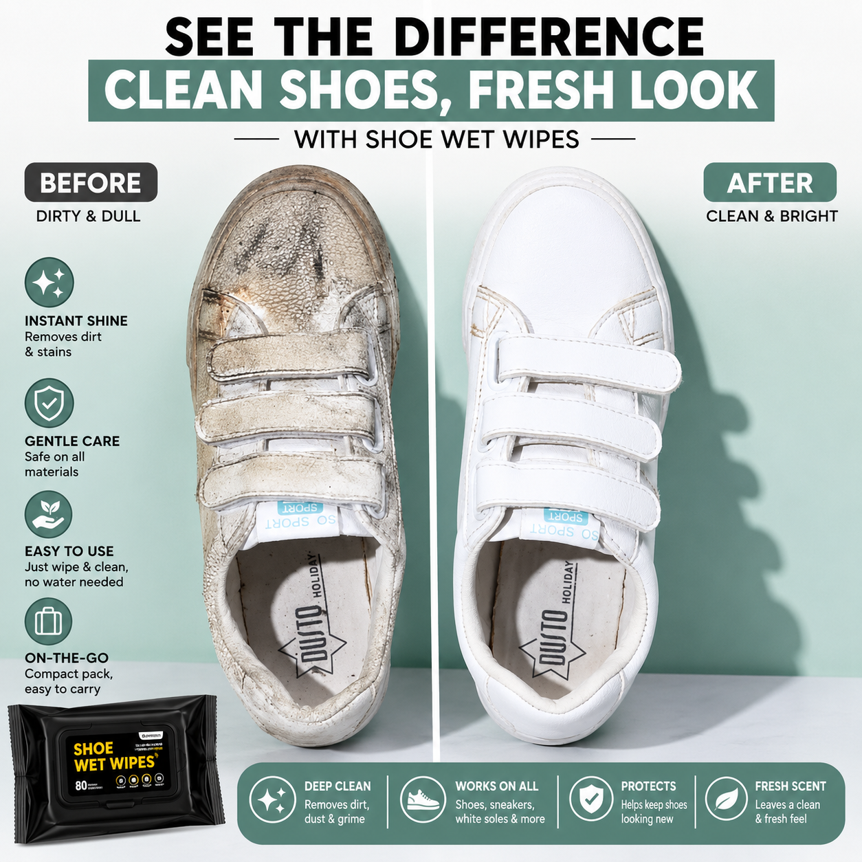 Shoe Wipes | 80 Pcs Instant Cleaner