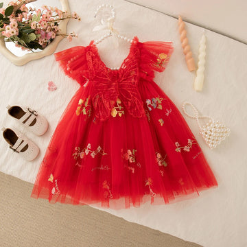 Girls' Dress Summer Floral Mesh Little Flying Sleeve Baby Girl Dress